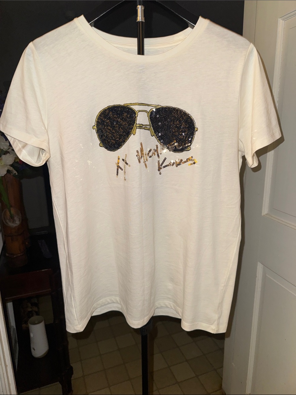 Michael Kors White Short Sleeve Sequin Sunglasses Graphic Tee